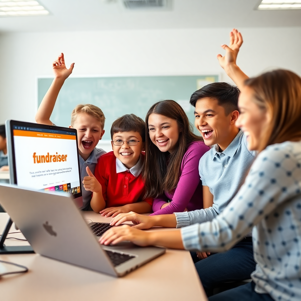 group of school students and teacher excited looking at laptop screen setting up online fundraiser, bright classroom, cheerful energy