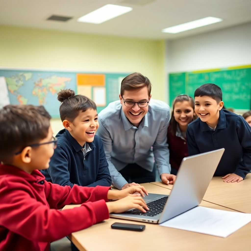 group of school students and teacher excited looking at laptop screen setting up online fundraiser, bright classroom, cheerful energy