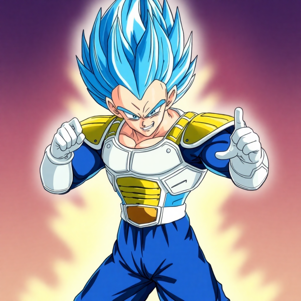 Vegeta Super Saiyan Blue with blue hair and saiyan armor, intense pose, anime style