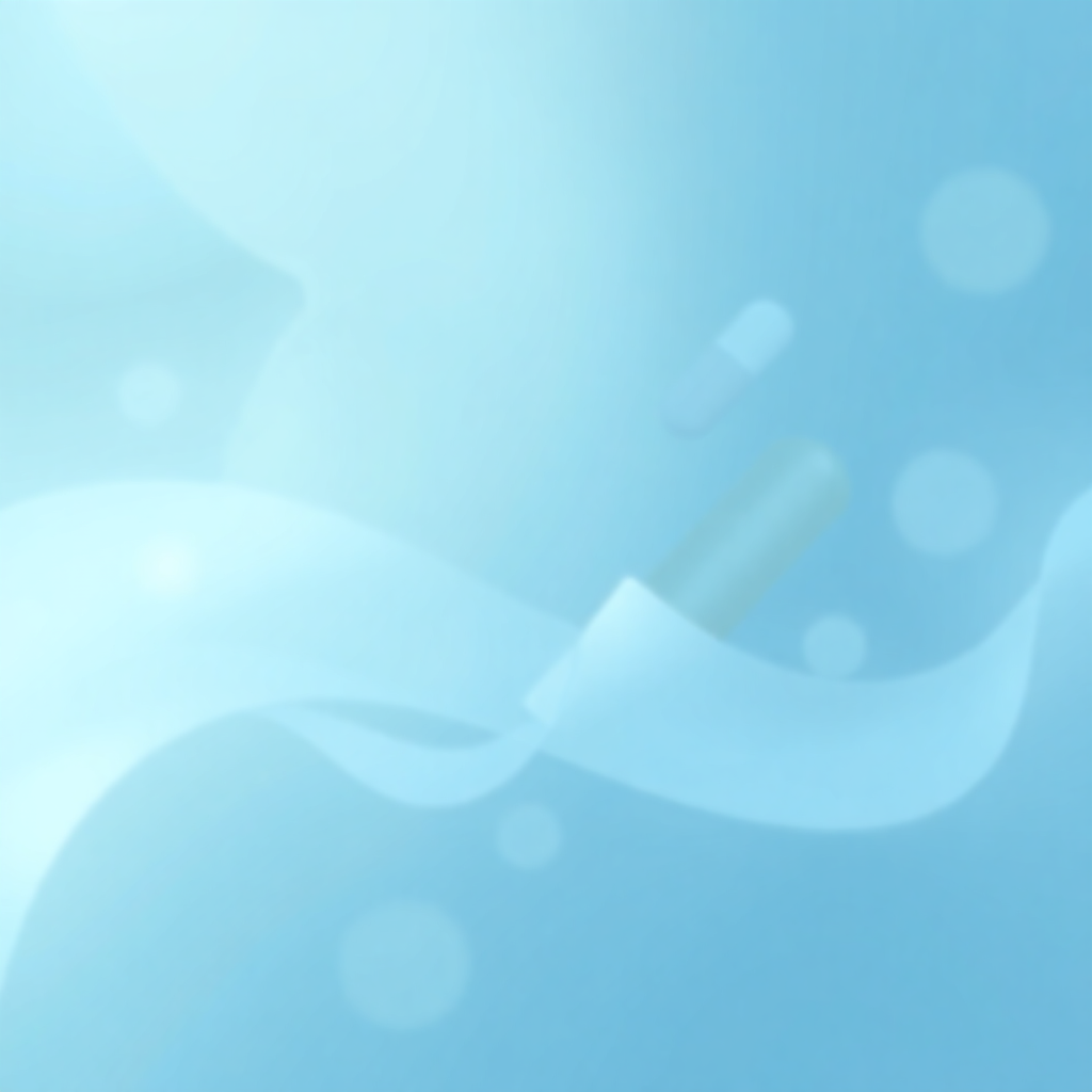Abstract background with soft, blurred shapes of pills, capsules, and medical symbols in light blue and green tones. Minimalist and clean.