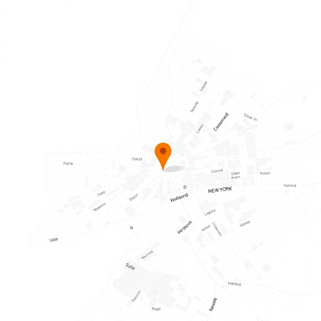 minimalist map showing Queens New York streets with a single orange pin