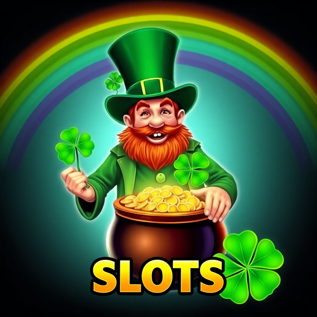 lucky irish leprechaun with a pot of gold, rainbow background, green hat, four leaf clover, slot game icon