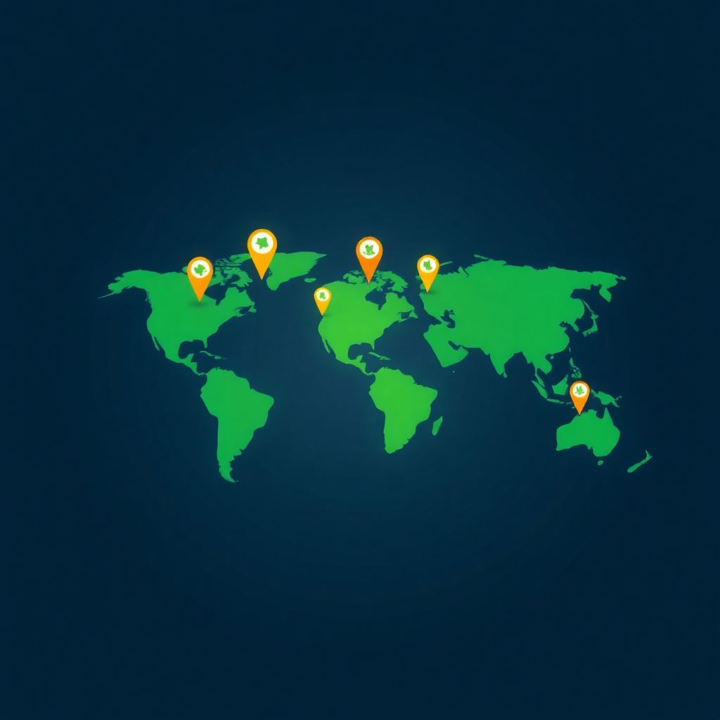 world map with location pins showing global agricultural technology presence, modern style, blue and green color scheme