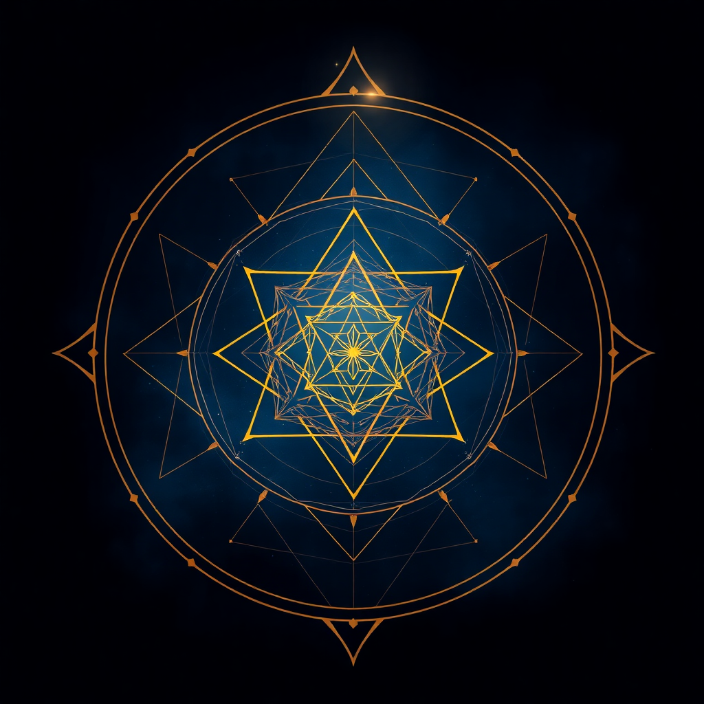 abstract spiritual cosmic knowledge system, sacred geometry, minimal symbolic visual with indigo and gold tones, ethereal digital art