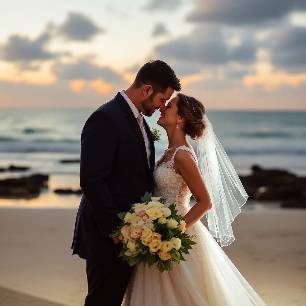 beautiful bride and groom beach wedding sunset ocean romantic photography