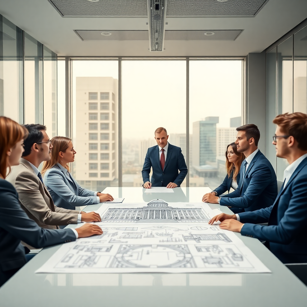 Professional team meeting in a modern office with government building blueprints on the table, realistic photography