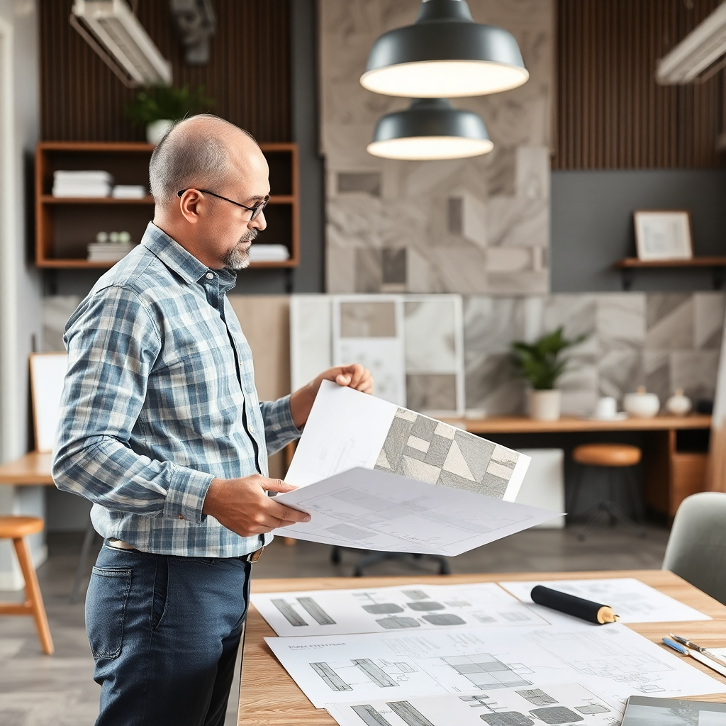 architect reviewing tile samples and technical drawings, professional workspace, design studio
