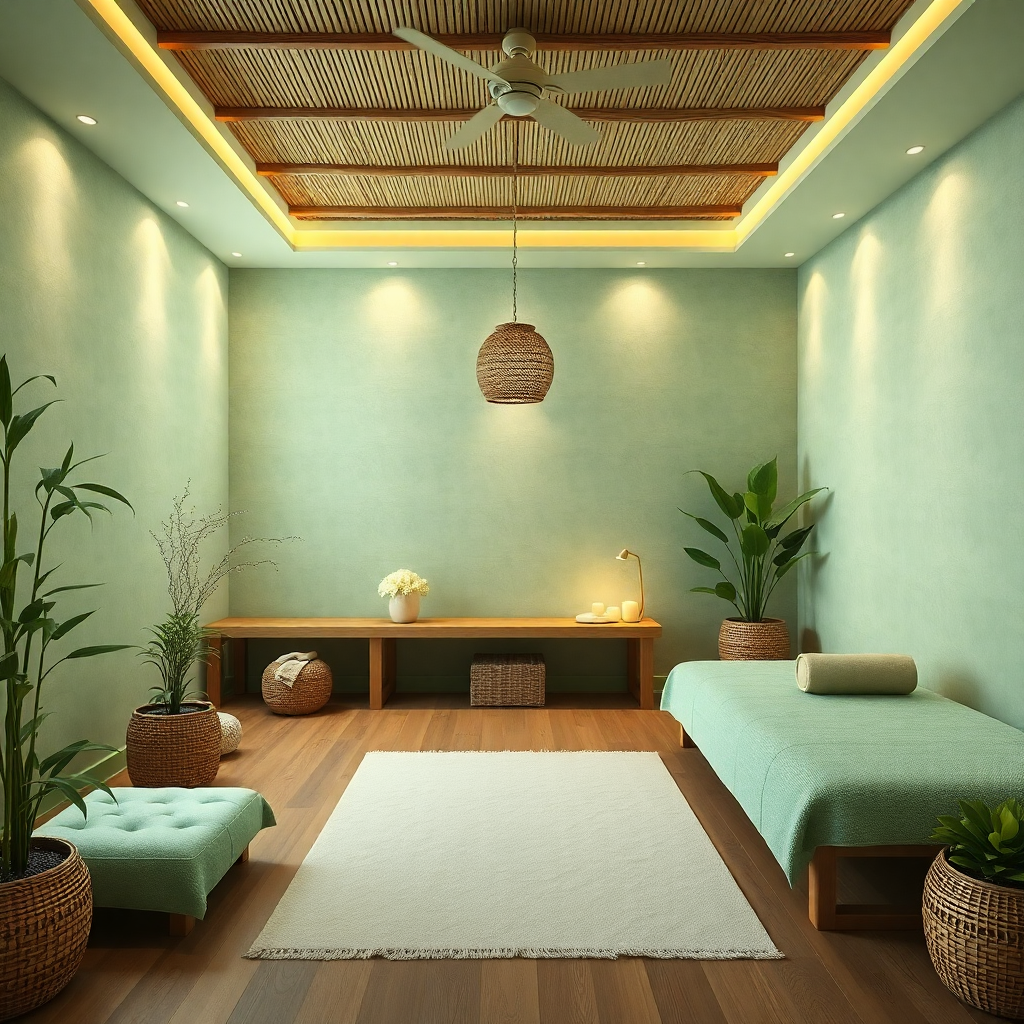 tranquil wellness spa room with mint green accents, bamboo elements