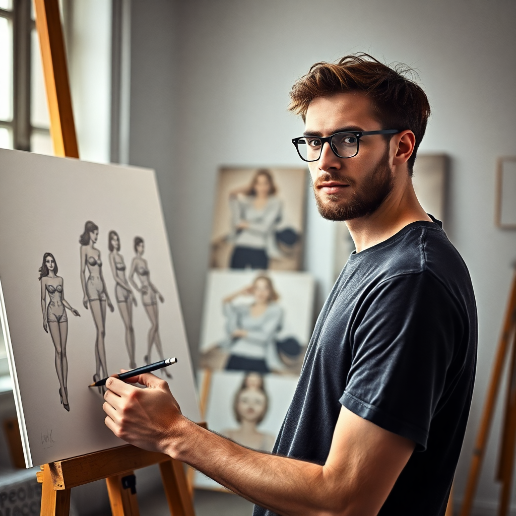 artistic portrait of a fashion designer sketching in a bright studio in paris, classical painting style mixed with modern photography, wearing a t-shirt