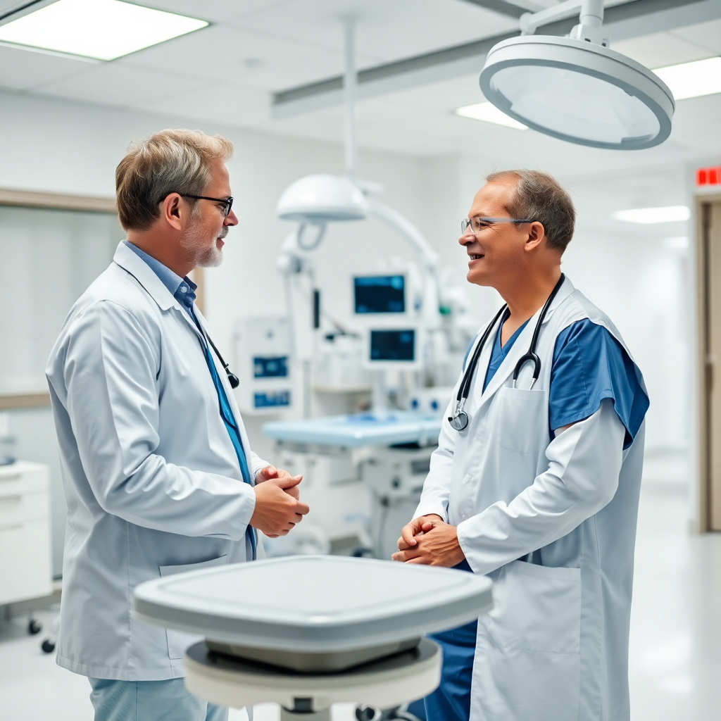 modern hospital interior with medical equipment, doctor consulting patient, professional healthcare photography, bright and clean
