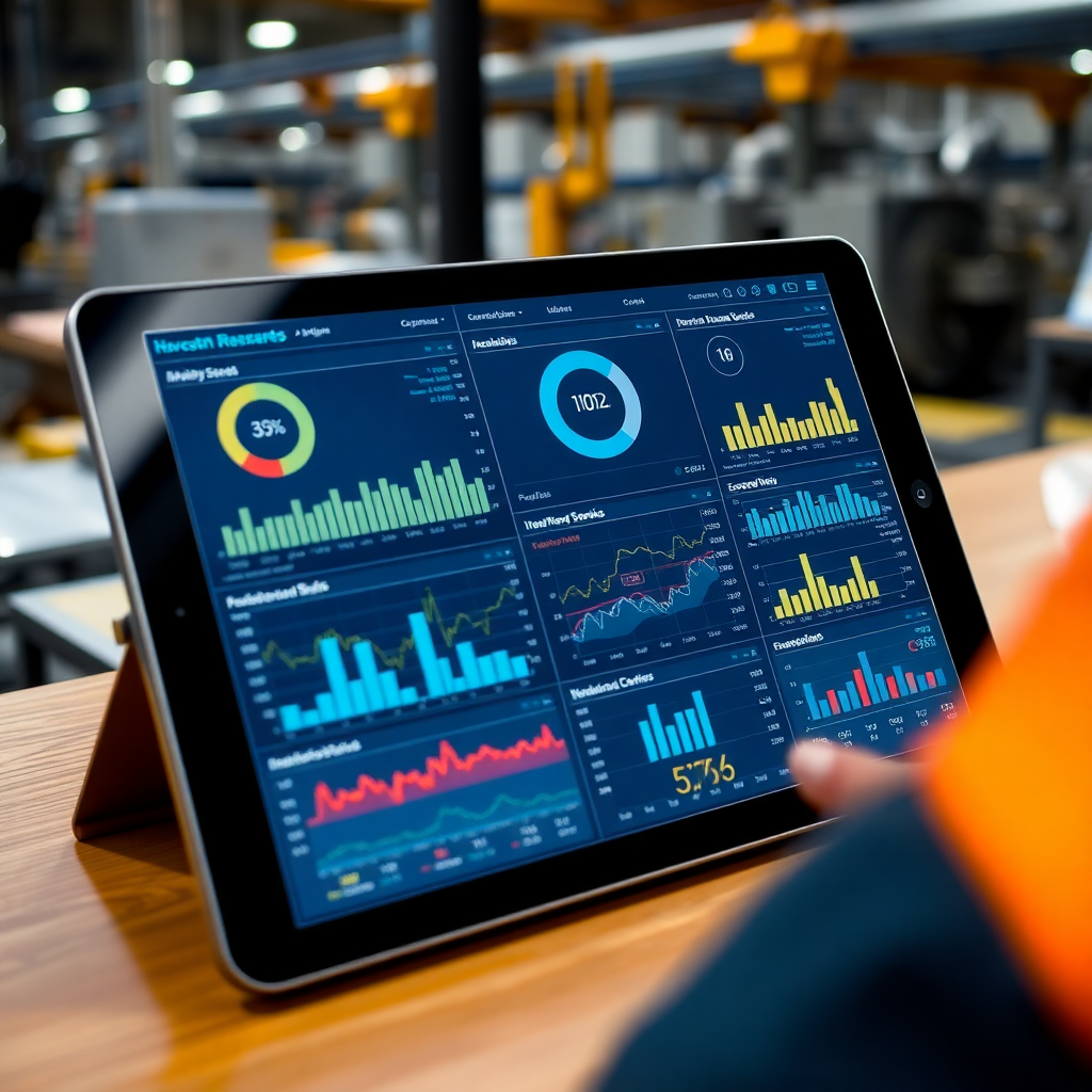 industrial dashboard on tablet showing real-time manufacturing data, charts and graphs
