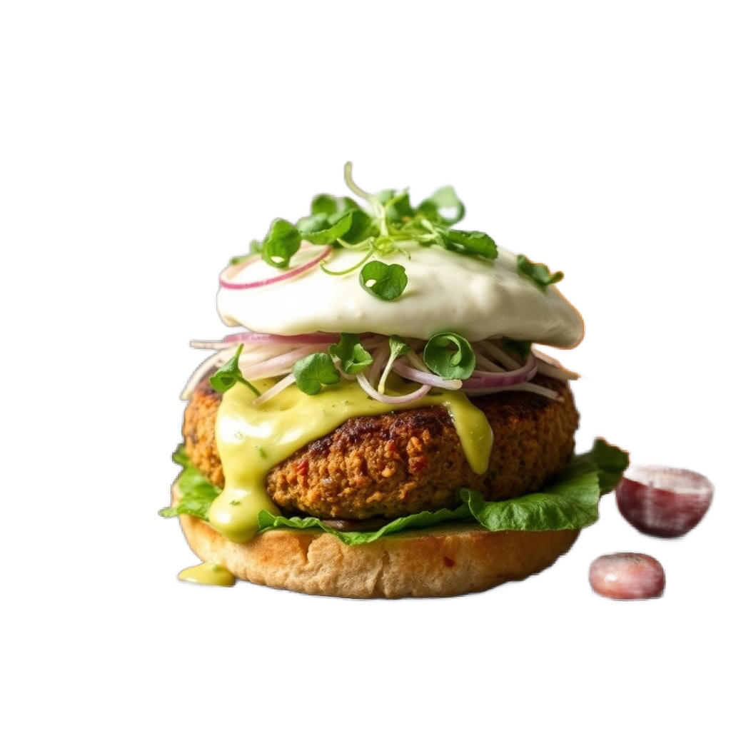 vegan burger with plant based patty avocado sprouts vegan herb aioli product photography