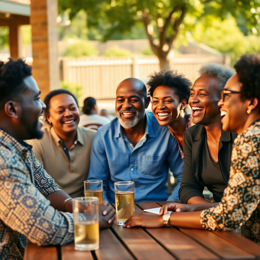 authentic candid photo of diverse group of Black men and women laughing together around outdoor table, sunny warm natural lighting, genuine smiles, family reunion atmosphere, high quality photography