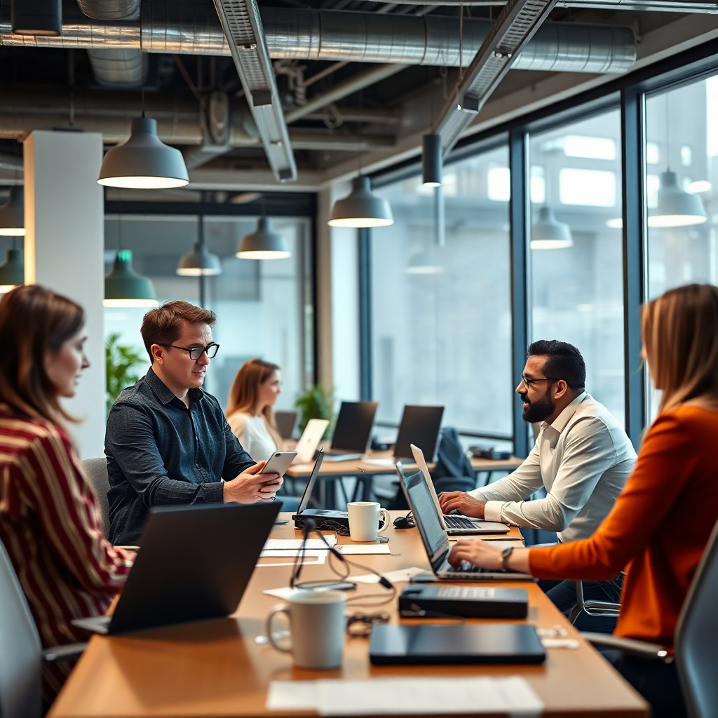 Professional team collaborating in a modern startup office, focus on technology and design