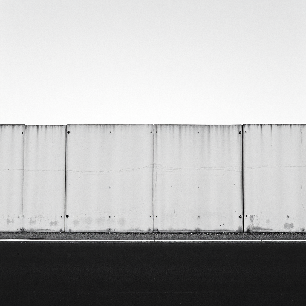 stark black and white documentary photograph of empty concrete barrier wall casting harsh shadow, brutalist architecture, high contrast, editorial photography style