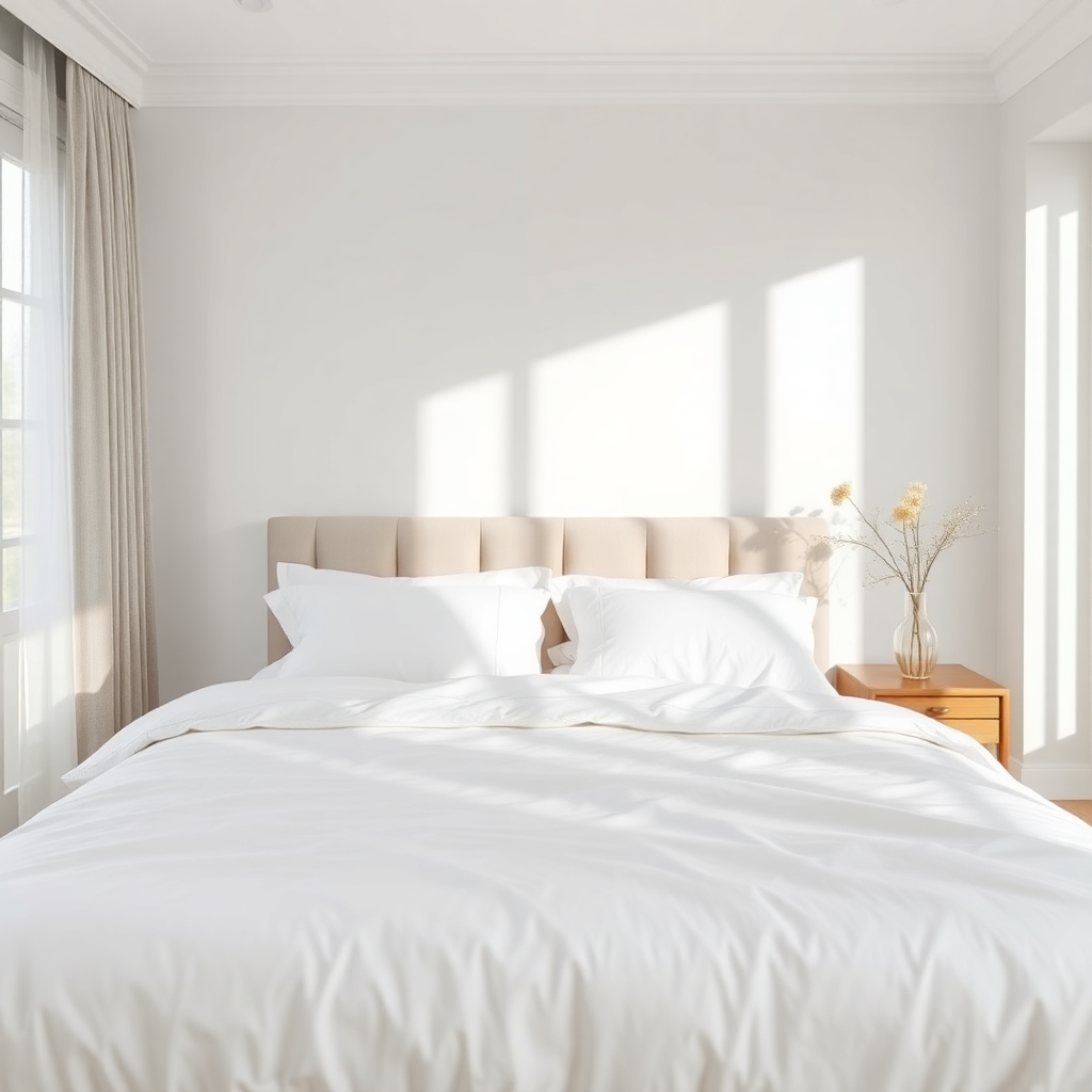 luxury white cotton bed sheets on elegant bed with soft natural lighting, premium home decor, minimalist bedroom