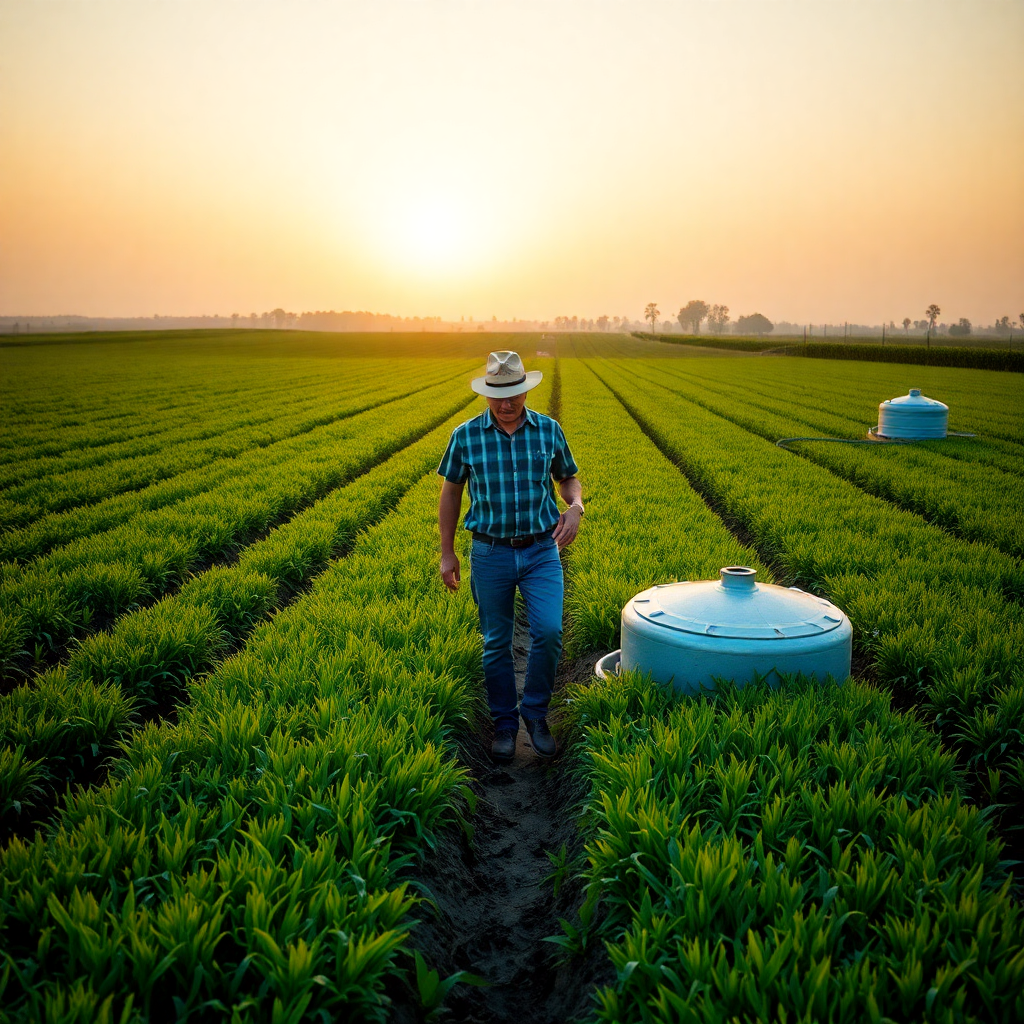 farmer in vast agricultural field checking irrigation tanks at golden hour, professional lifestyle photography