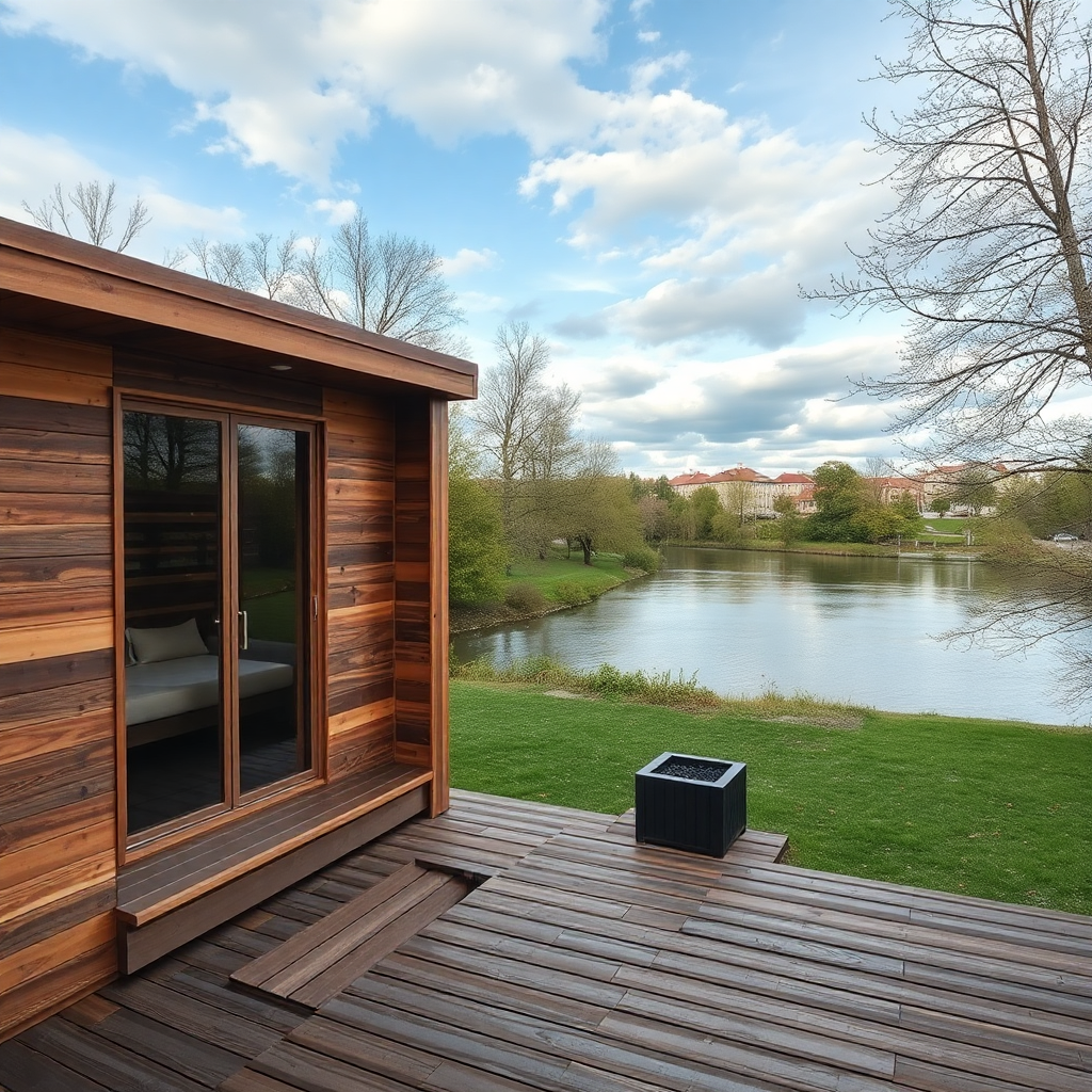 modern outdoor sauna located near river in prague, scenic view