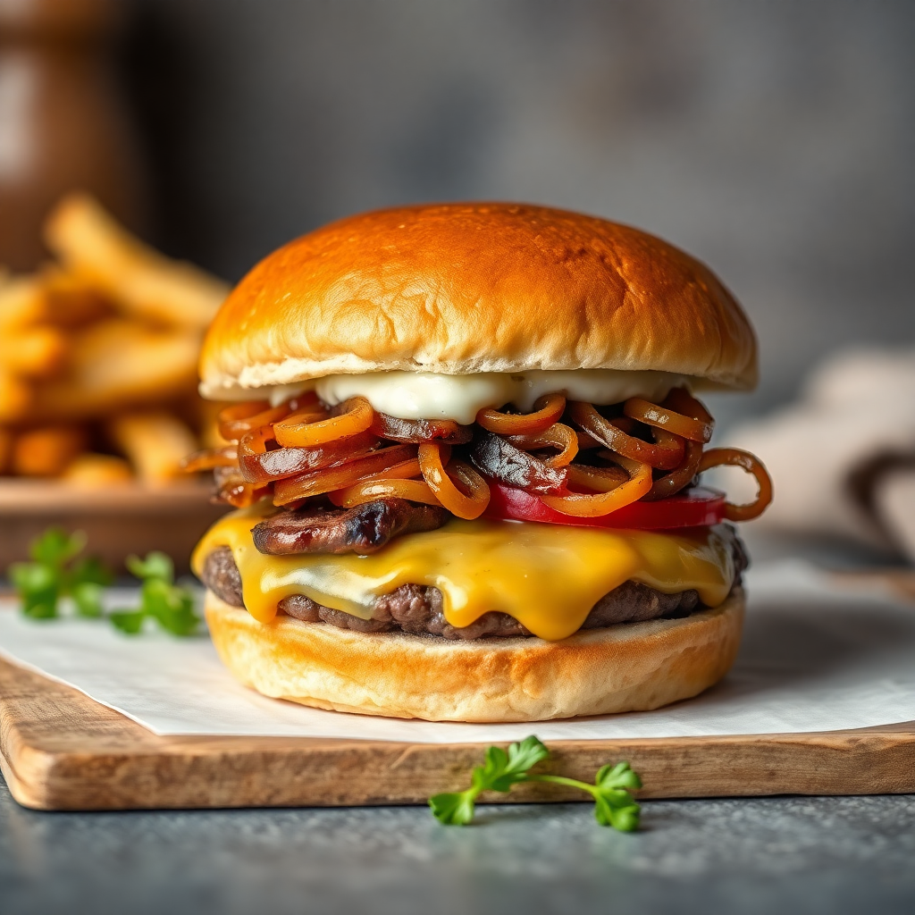 truffle mushroom swiss burger with caramelized onions, professional food photography