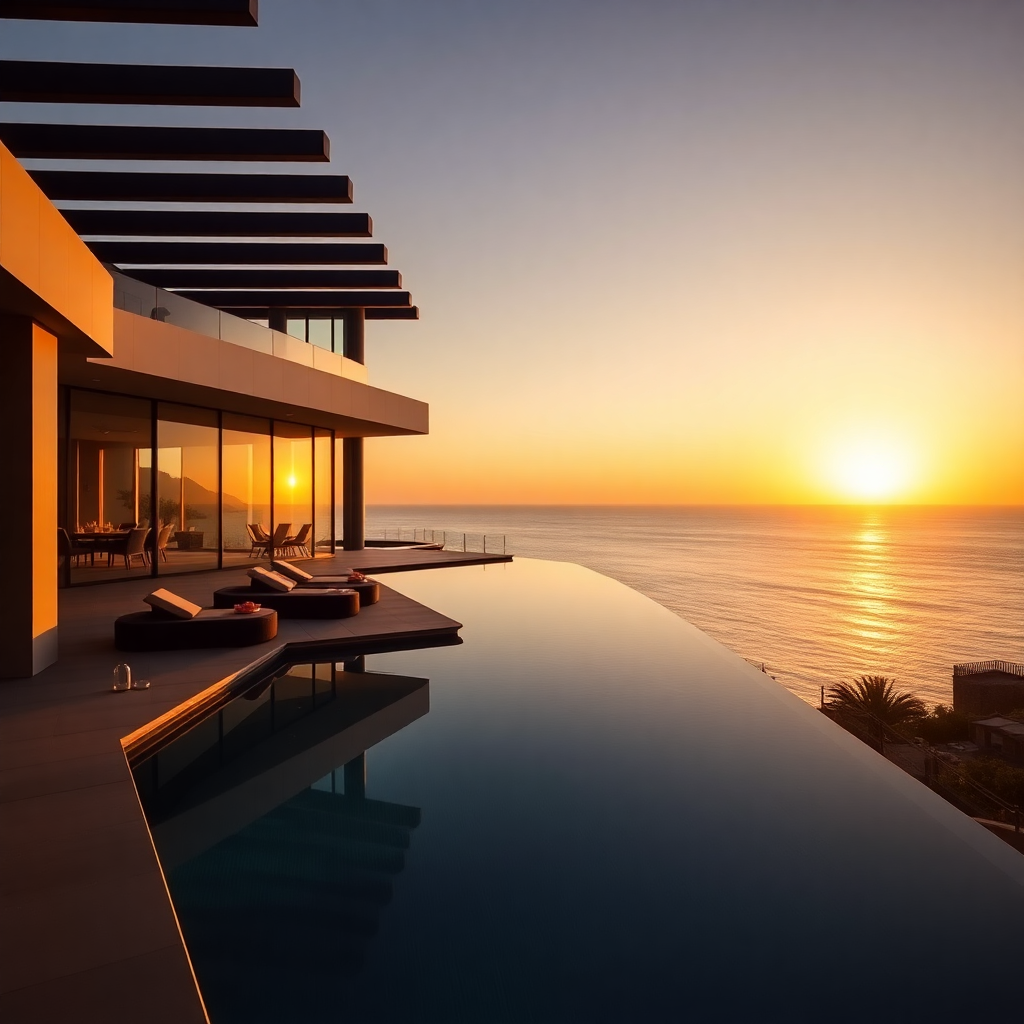 luxury modern villa with infinity pool in Malibu, ocean view, golden hour