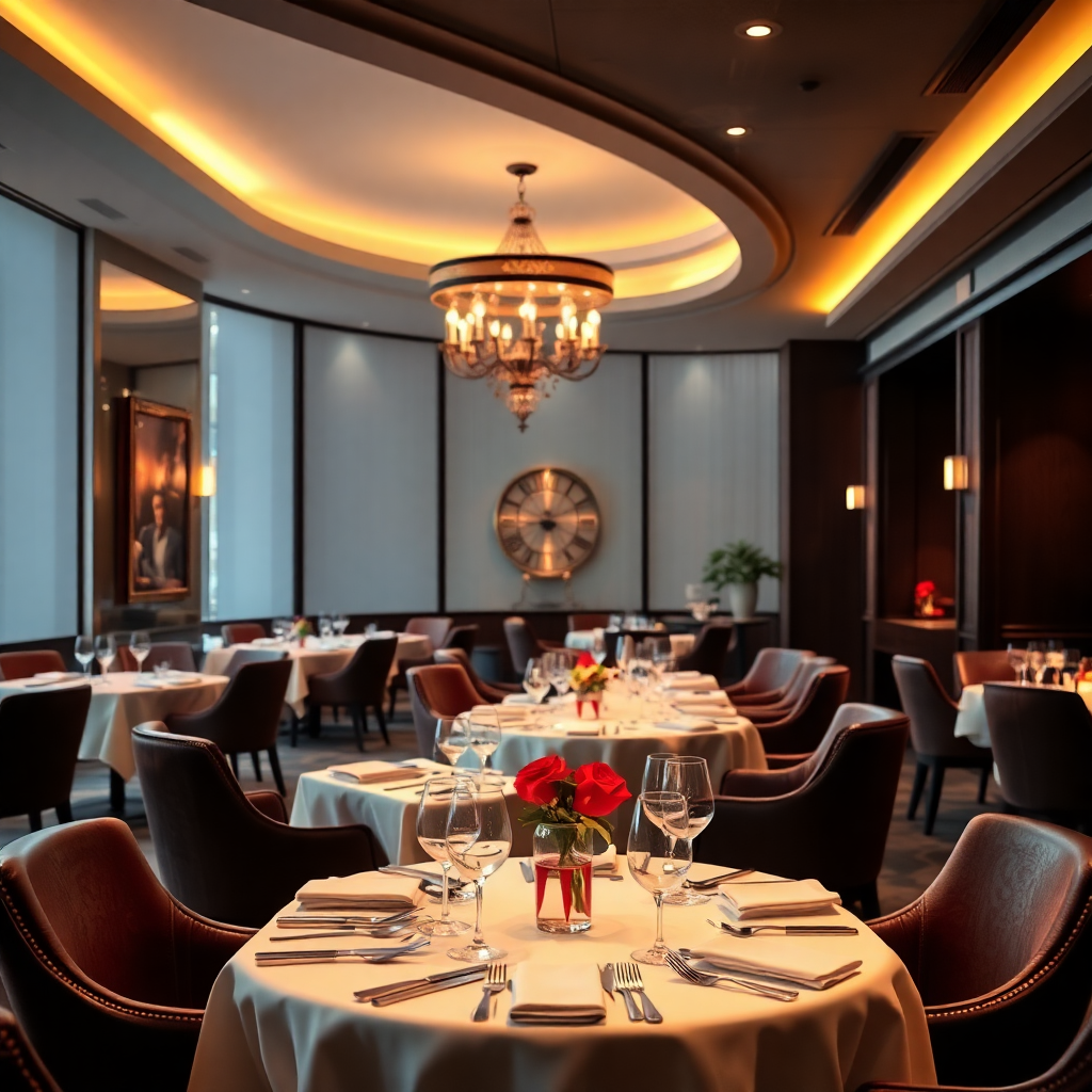 michelin star restaurant interior, elegant fine dining setup, ambient lighting, luxury table settings, sophisticated atmosphere