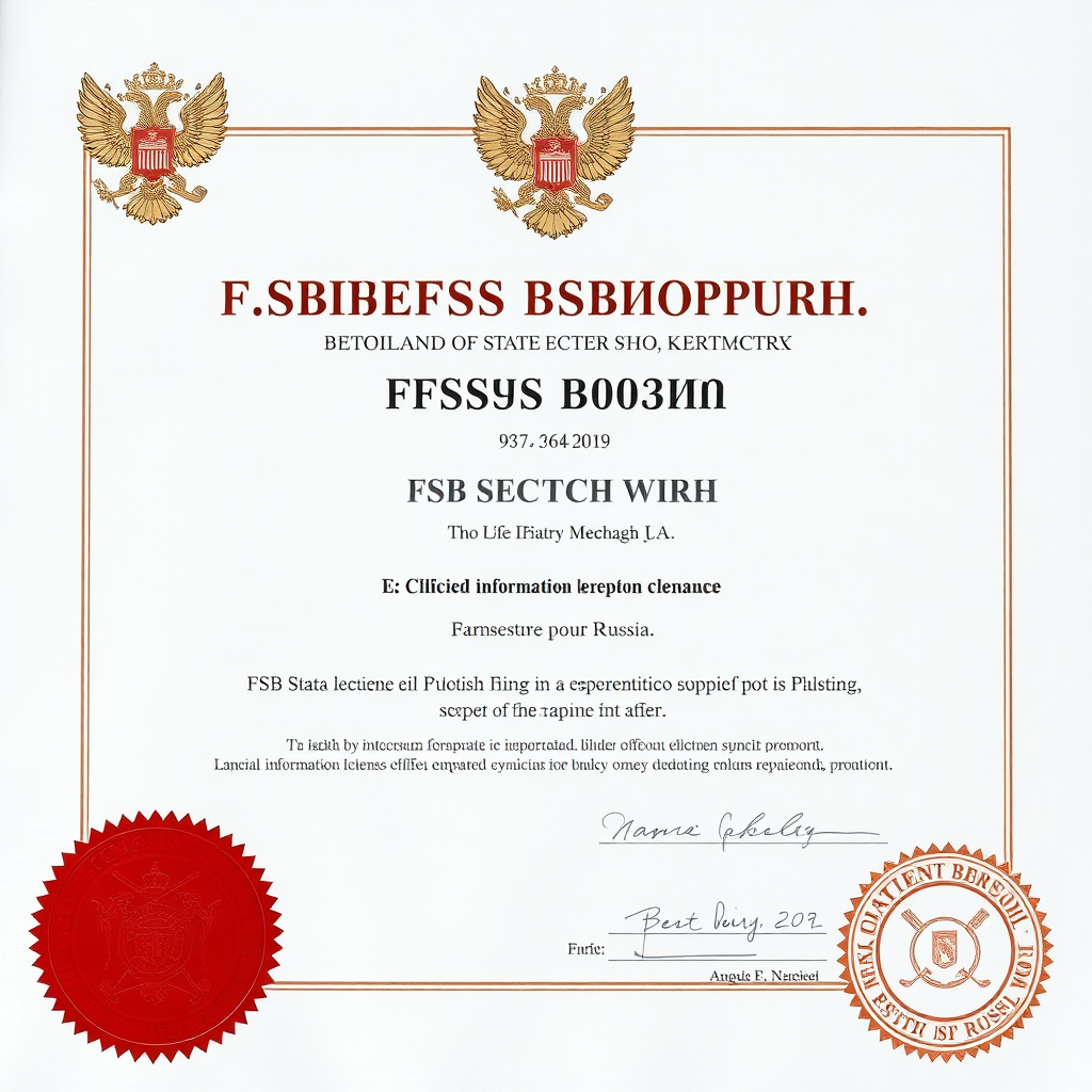 official FSB Russia license for state secrets work, government certificate with red official seal, formal layout, cyrillic text, classified information clearance