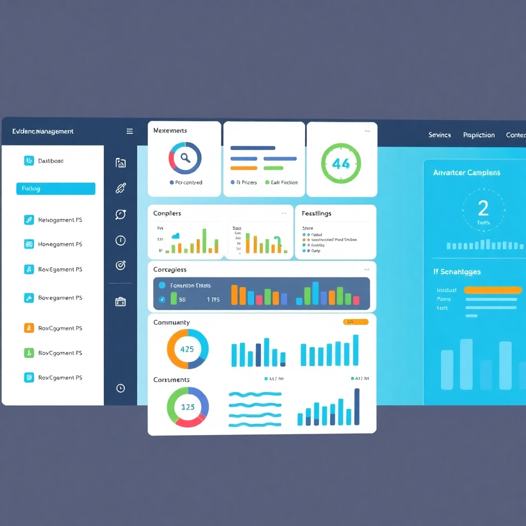evidence management dashboard interface with secure document storage, compliance tracking, modern education technology design
