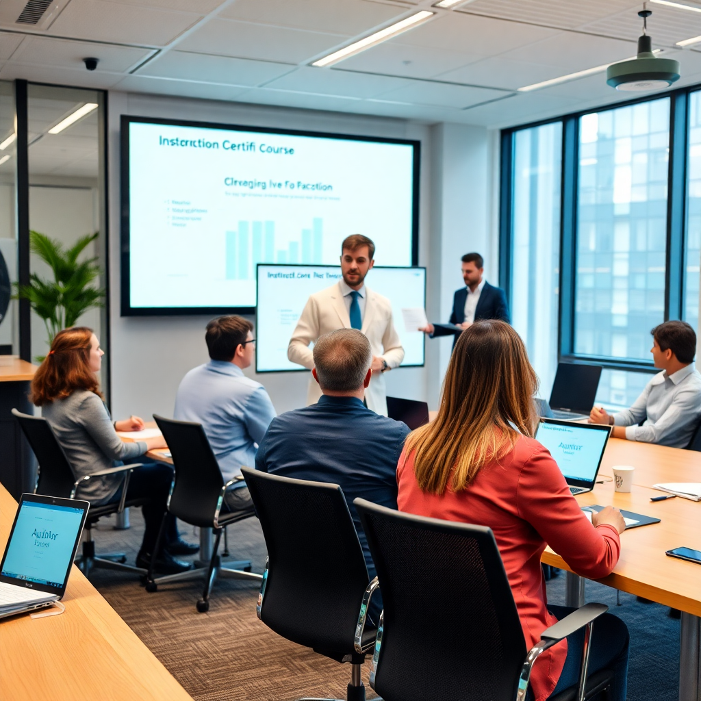 professional training session, instructor teaching auditor certification course in modern classroom