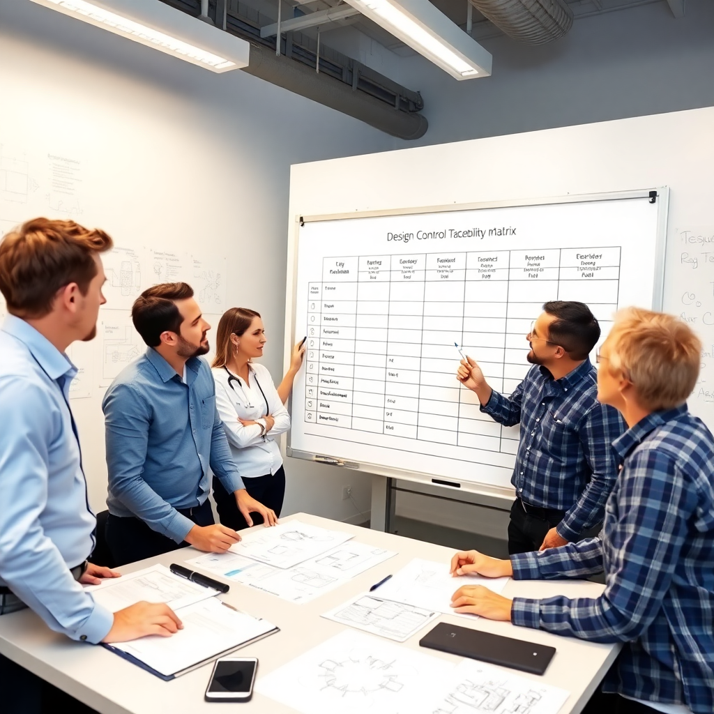 medical device engineering team reviewing design control traceability matrix on whiteboard, collaborative workspace with technical diagrams, requirements and testing documentation, professional development environment