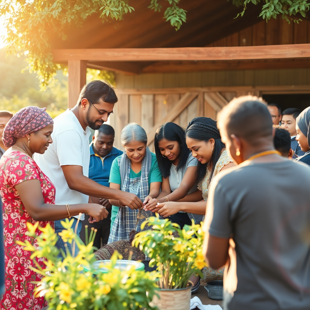 peaceful community gathering, diverse people working together on community project, warm afternoon light, hope and collaboration