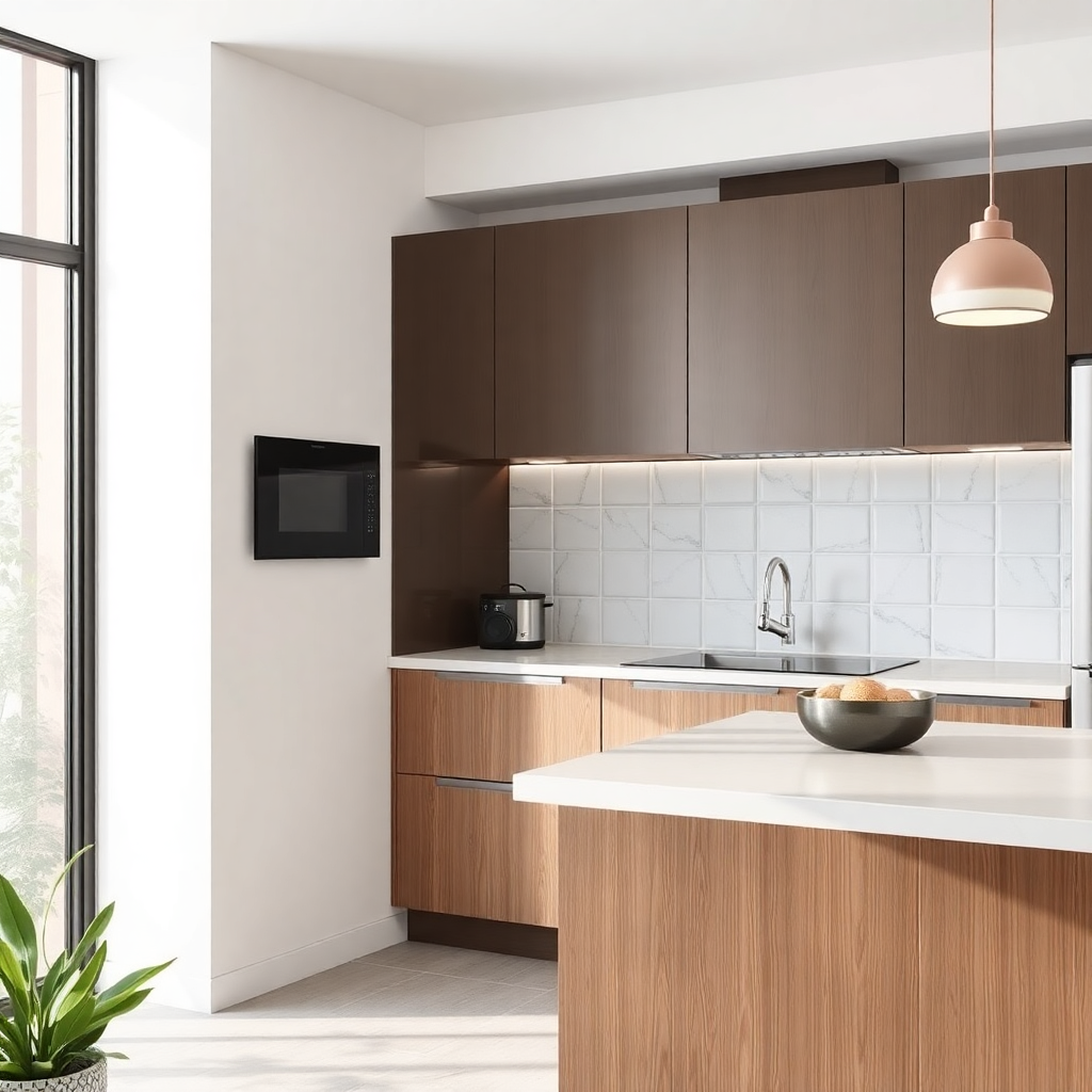 modern kitchen interior with ceramic tiles, minimalist design, neutral palette