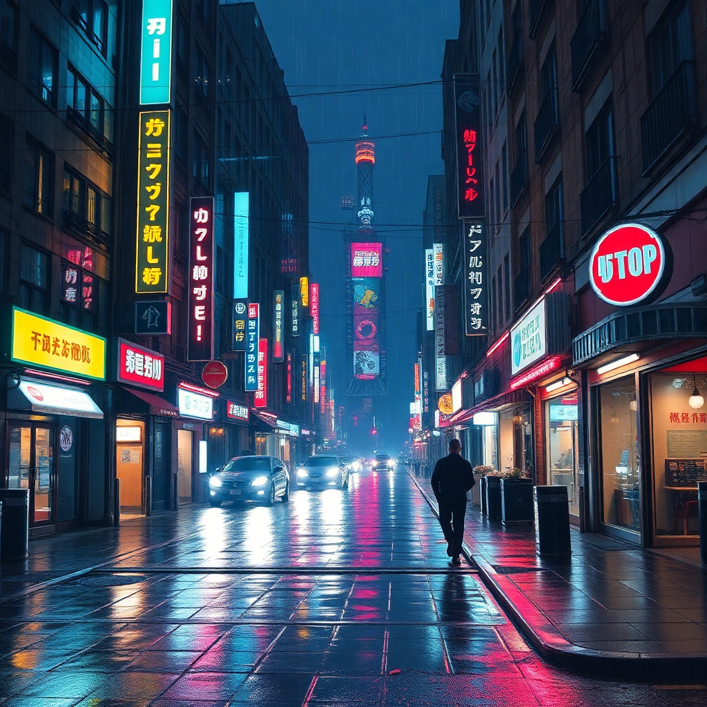 cyberpunk city street neon lights rainy