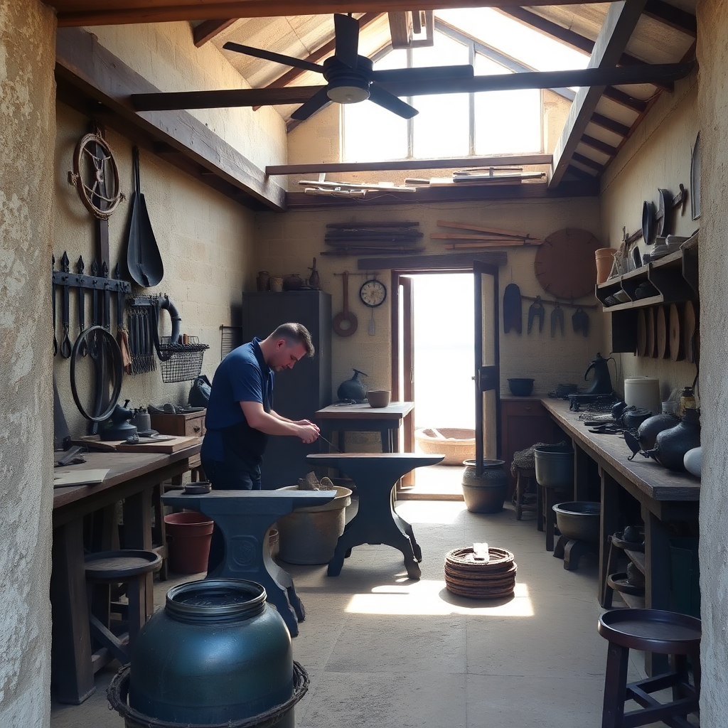 traditional Portuguese blacksmith workshop near the sea, artisan working on anvil, natural light, rustic interior with maritime elements