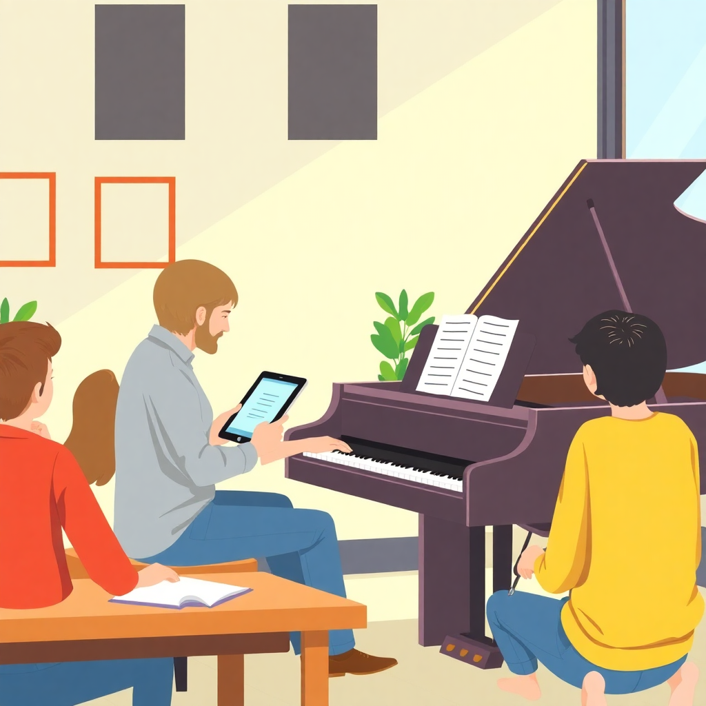 piano teacher using tablet with students in modern music classroom, flat illustration style