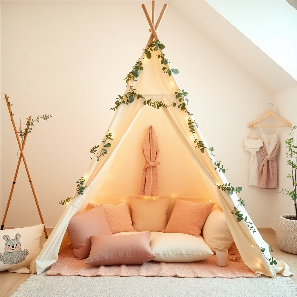 cozy luxury kids teepee party setup indoors, beige and dusty rose theme, fairy lights, eucalyptus decorations, soft pillows, robes hanging, high quality interior photography, bright and airy