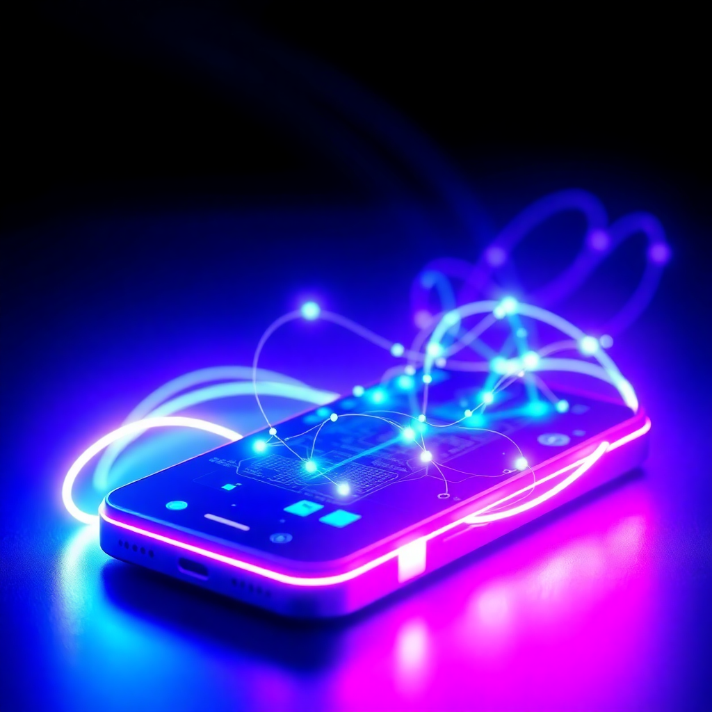 futuristic smartphone with glowing data streams and network connections, abstract digital art, holographic display, dark background, blue and purple neon lights, premium aesthetic
