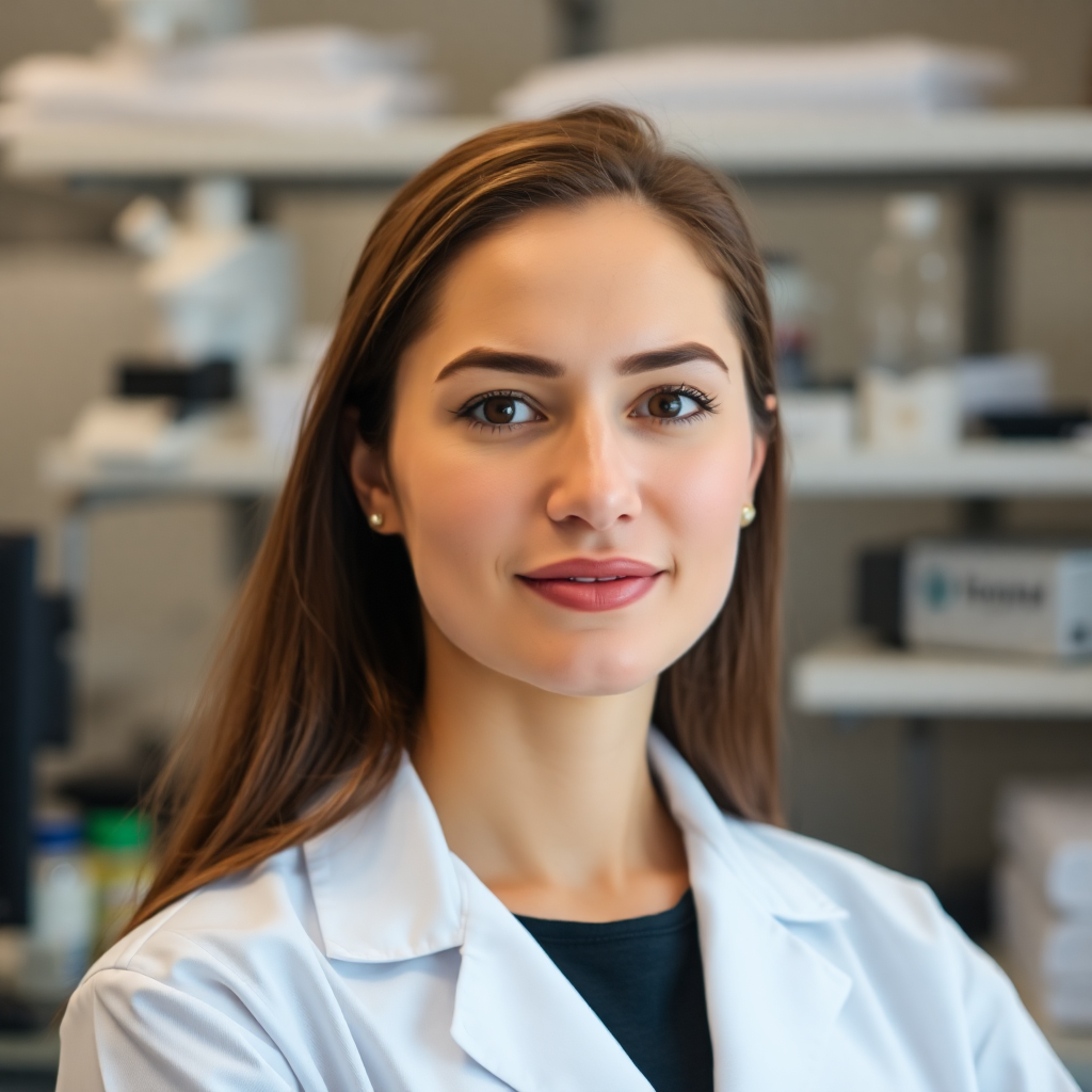 professional female data scientist portrait, expert researcher in technology lab