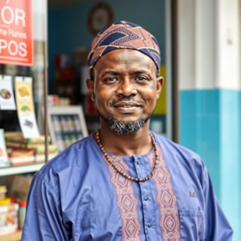 Nigerian business owner standing proudly in front of their POS shop, wearing traditional attire, professional photography