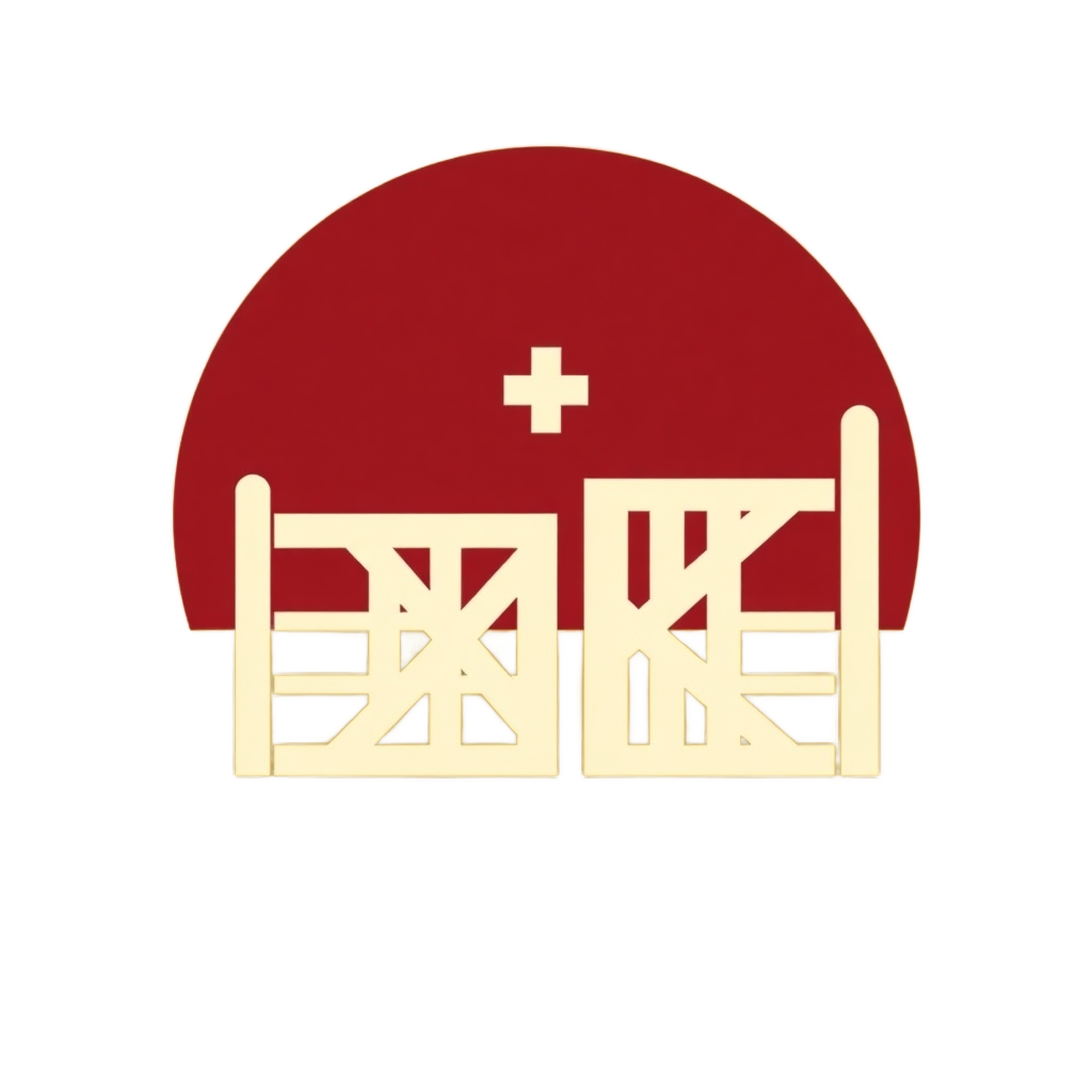 Minimalist vector style illustration of a medical cross and farm gate, agricultural theme, maroon and cream colors