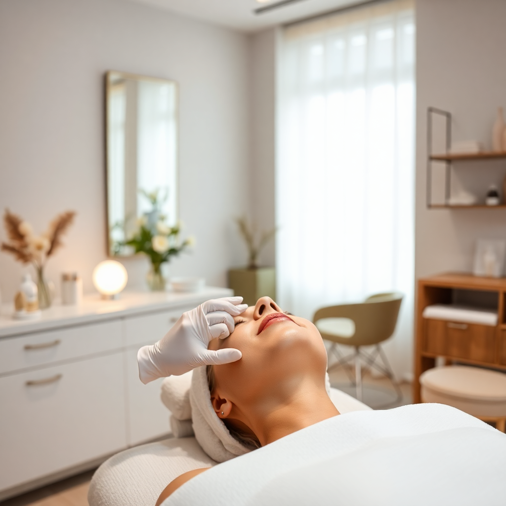 professional facial treatment in modern beauty salon, soft natural lighting, clean aesthetic