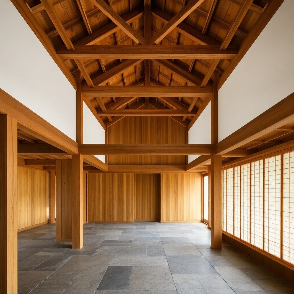 Japanese wooden architecture interior, exposed timber beams, warm indirect lighting, stone floor, minimalist zen aesthetic, architectural digest photography