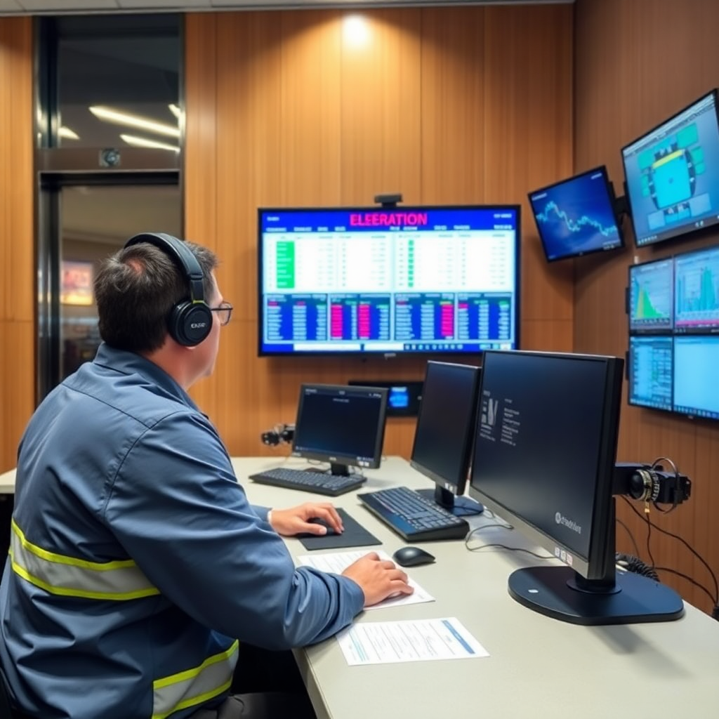 professional elevator technician monitoring control room with multiple screens showing elevator status, modern dispatch center, 24/7 operation