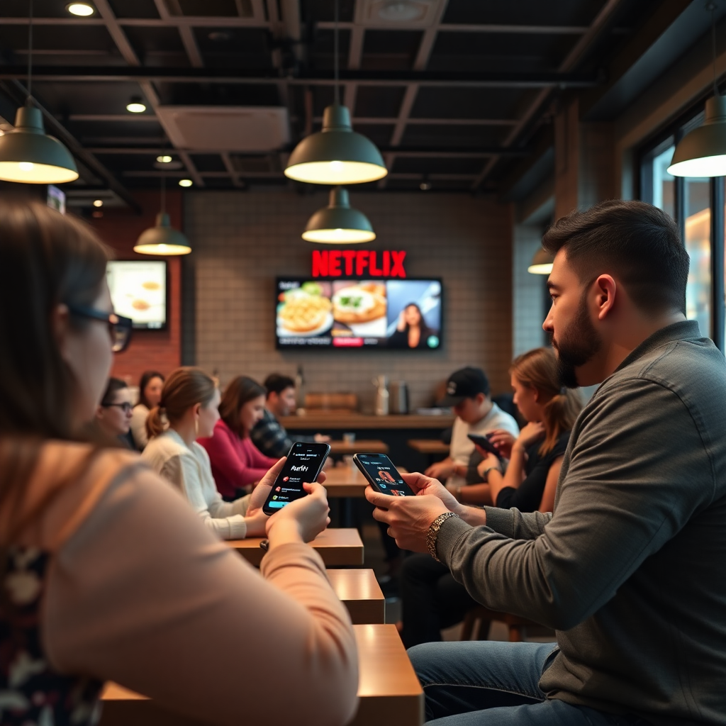 restaurant customers playing Netflix quiz on mobile while waiting for food, Quick interior, engaged diners with rewards popup, modern casual dining