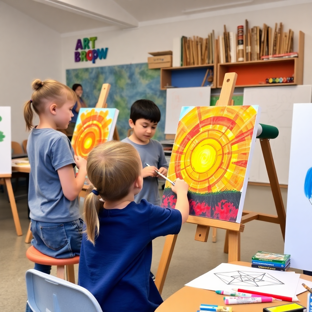 school art class with students painting and drawing