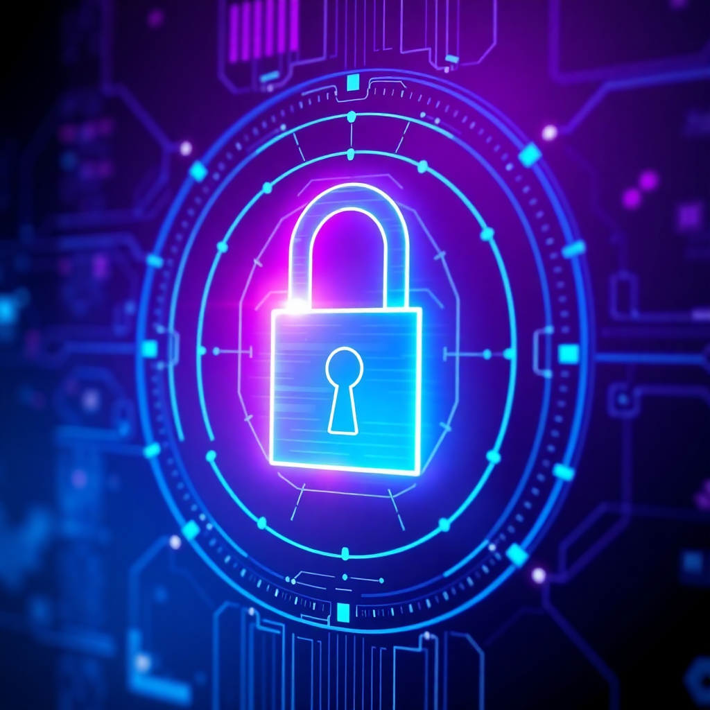 secure read-only data integration showing protected enterprise systems with non-invasive intelligence layer, digital security visualization, dark purple and blue tones, enterprise security