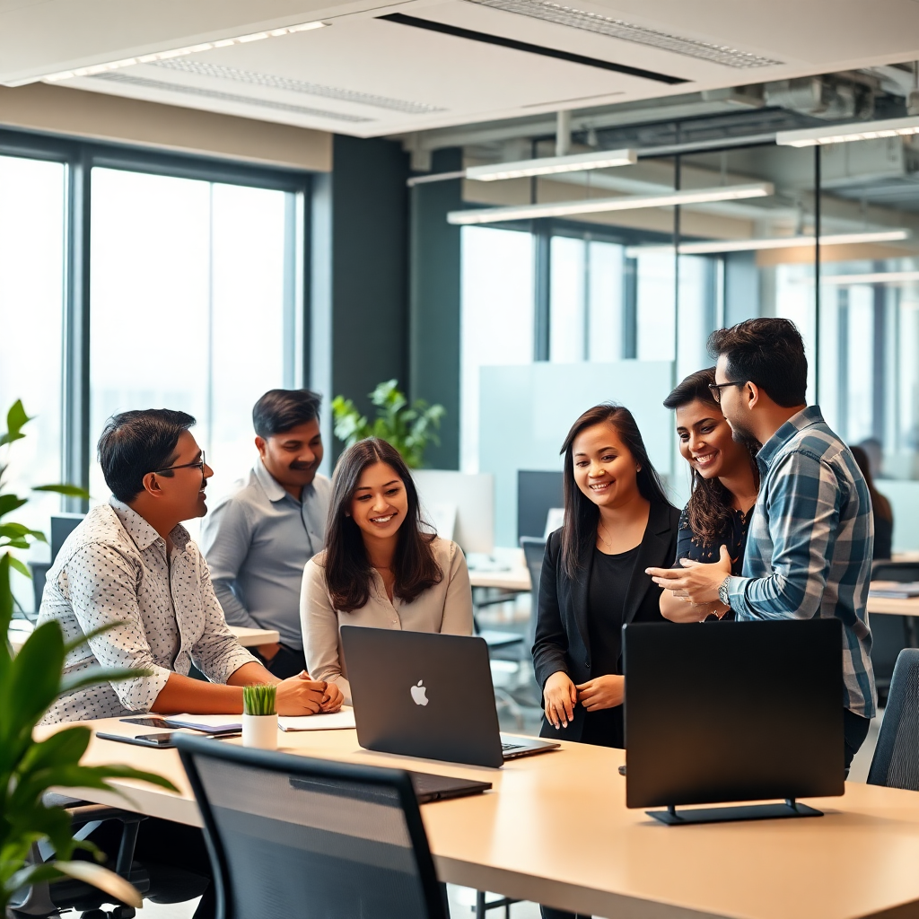 Modern Indian office environment, diverse professional team collaborating, contemporary workspace with natural lighting, corporate culture and teamwork