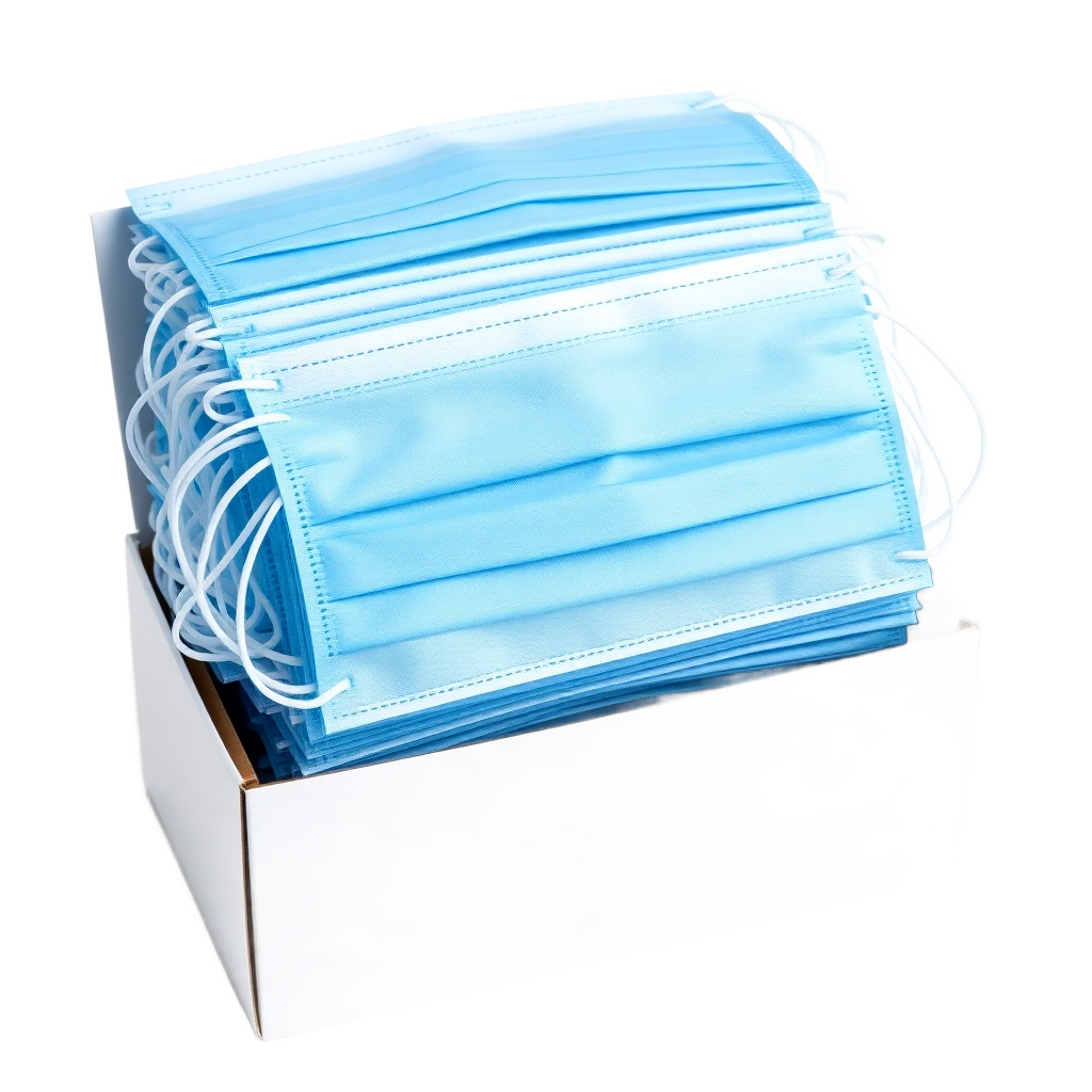 surgical face masks medical grade, box of blue disposable masks, clean white background, product photography