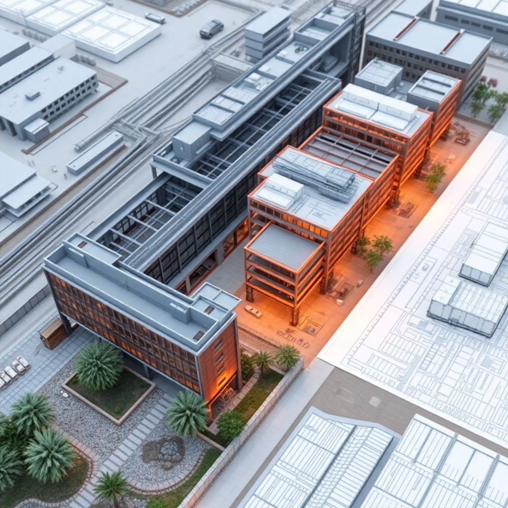 industrial infrastructure development projects planning blueprints construction site overview modern professional business intelligence