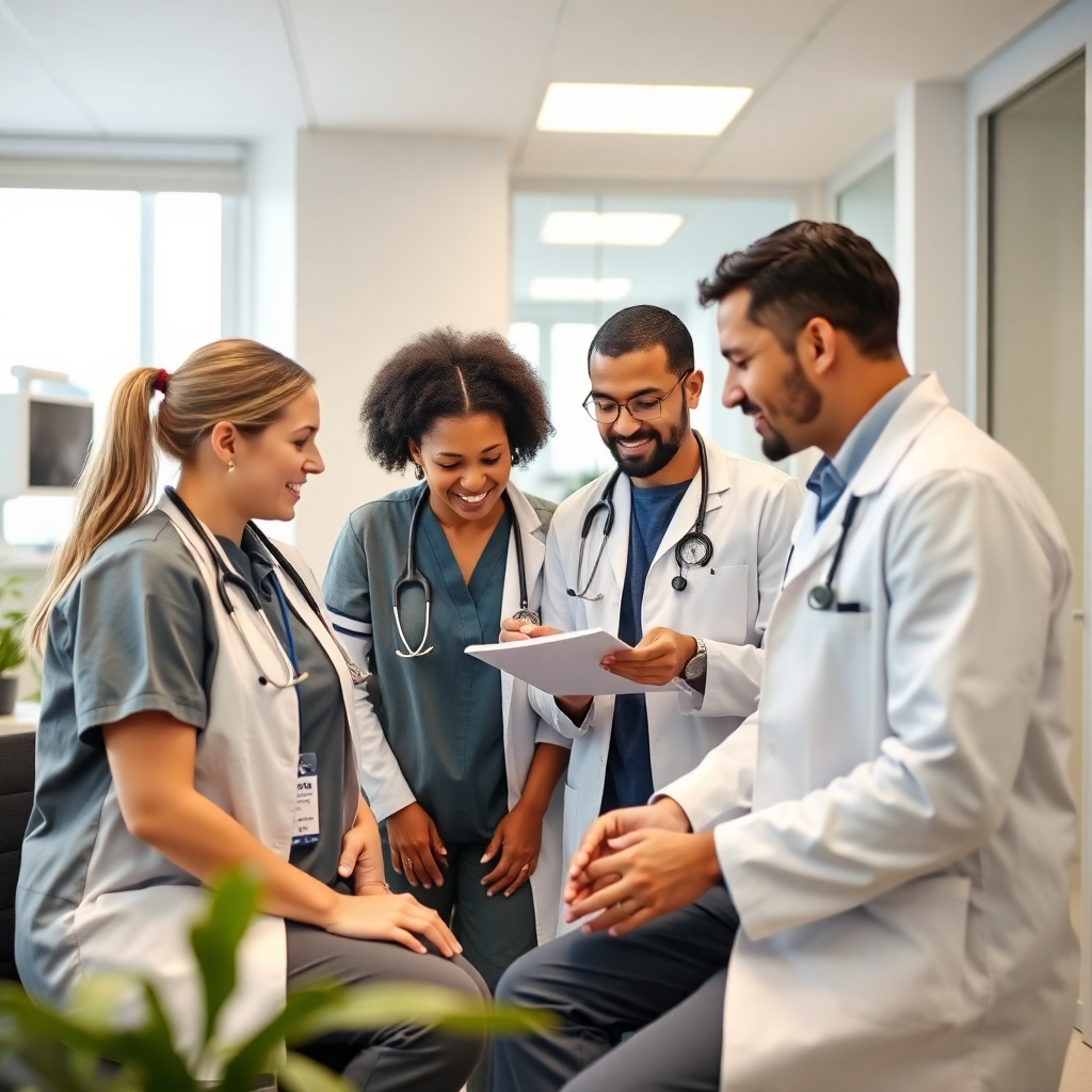 diverse medical team collaborating on patient case, modern medical office, professional atmosphere
