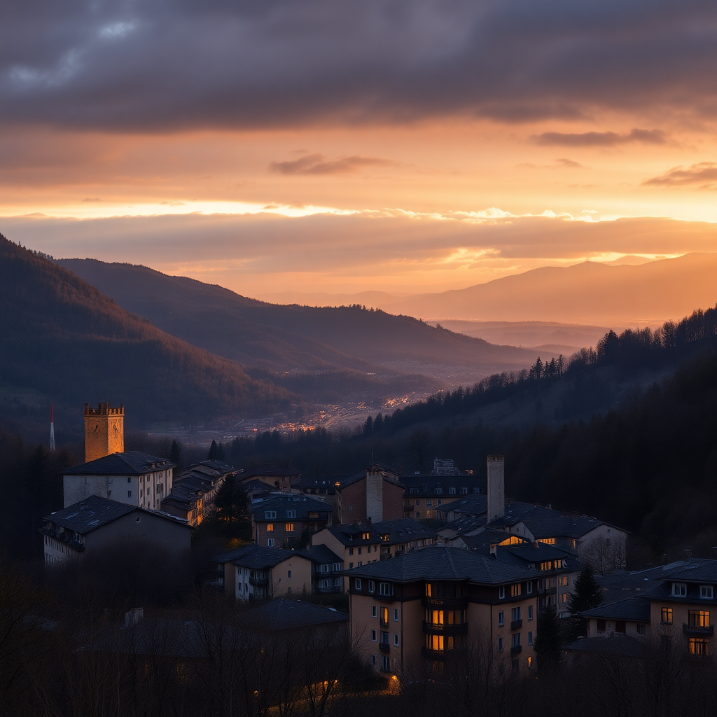 Escaldes-Engordany parish panoramic view from mountain residential buildings Caldea spa towers Pyrenees valley evening golden light editorial photography luxury travel dark moody